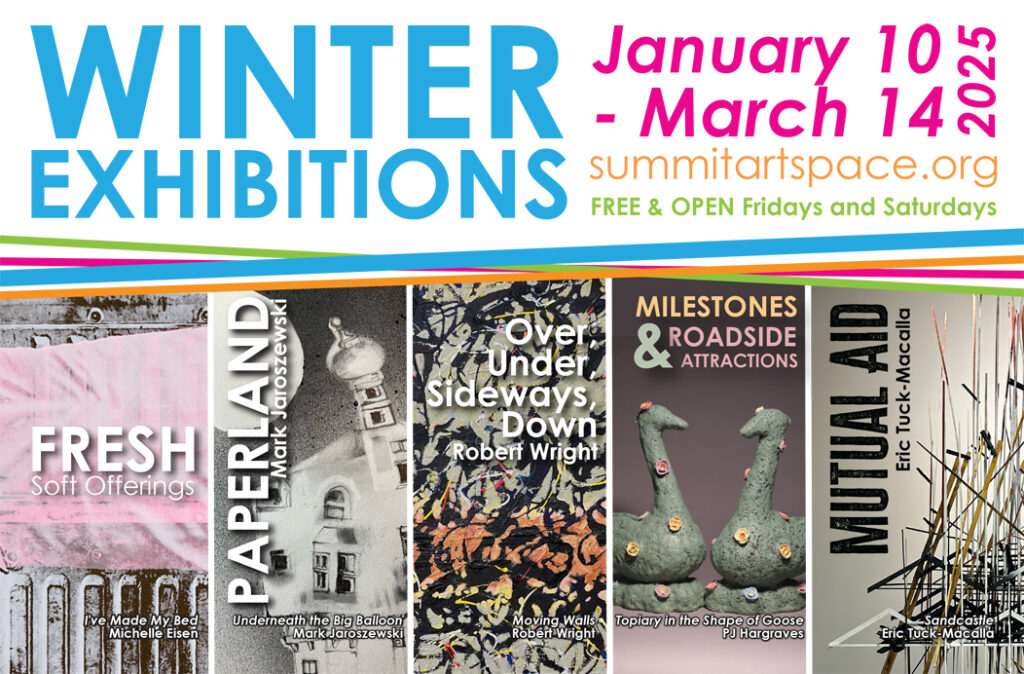 Winter exhibitions January 10 through March 14, 2025. Five images of artwork on view across the bottom.