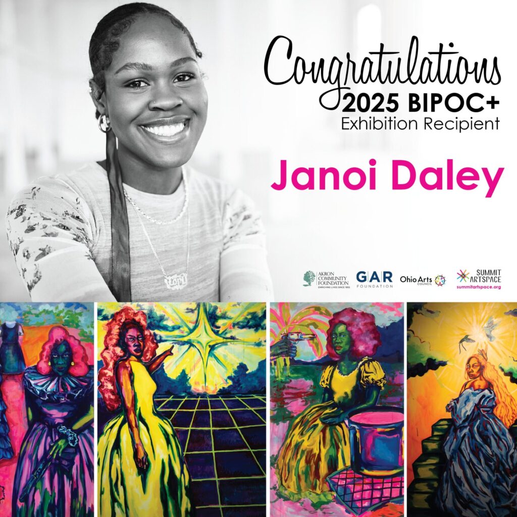 Congratulations to Janoi Daley the 2025 BIPOC+ Exhibition Recipient! Janoi Daley smiling next to text. Four colorful paintings depicting people of color.