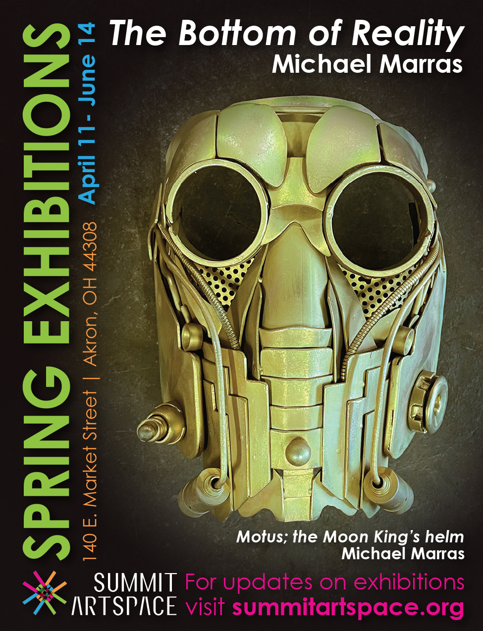 Flyer for Spring Exhibitions featuring Metal Sculpture that looks like a head by Mike Marras.