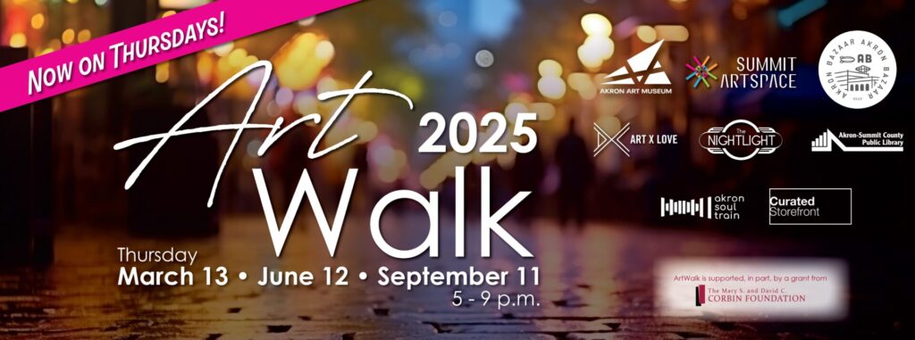 Blurred rainy streetscape with white text that reads Akron ArtWalk 2025